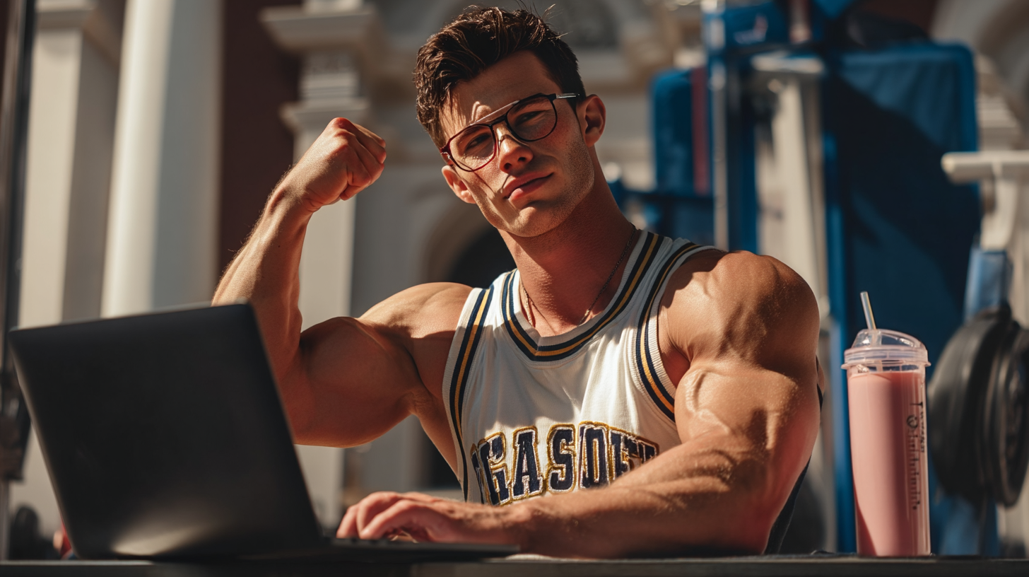 Claude flexing while studying at a table with books and protein shakers