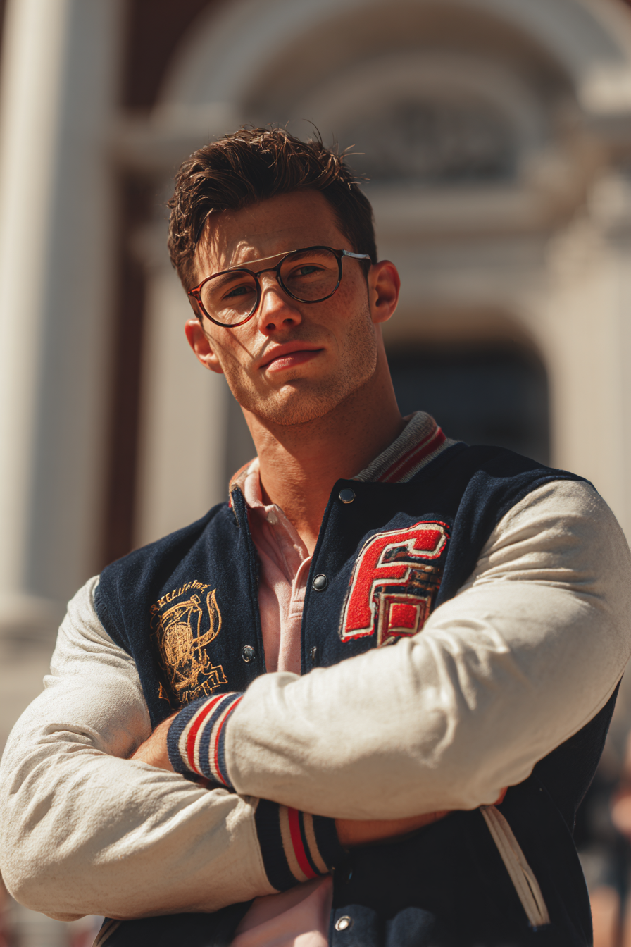 Claude Co-Ed portrait — a muscular college student with nerd glasses and a confident smirk